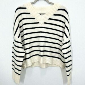 Striped V-Neck Sweater - Black and White